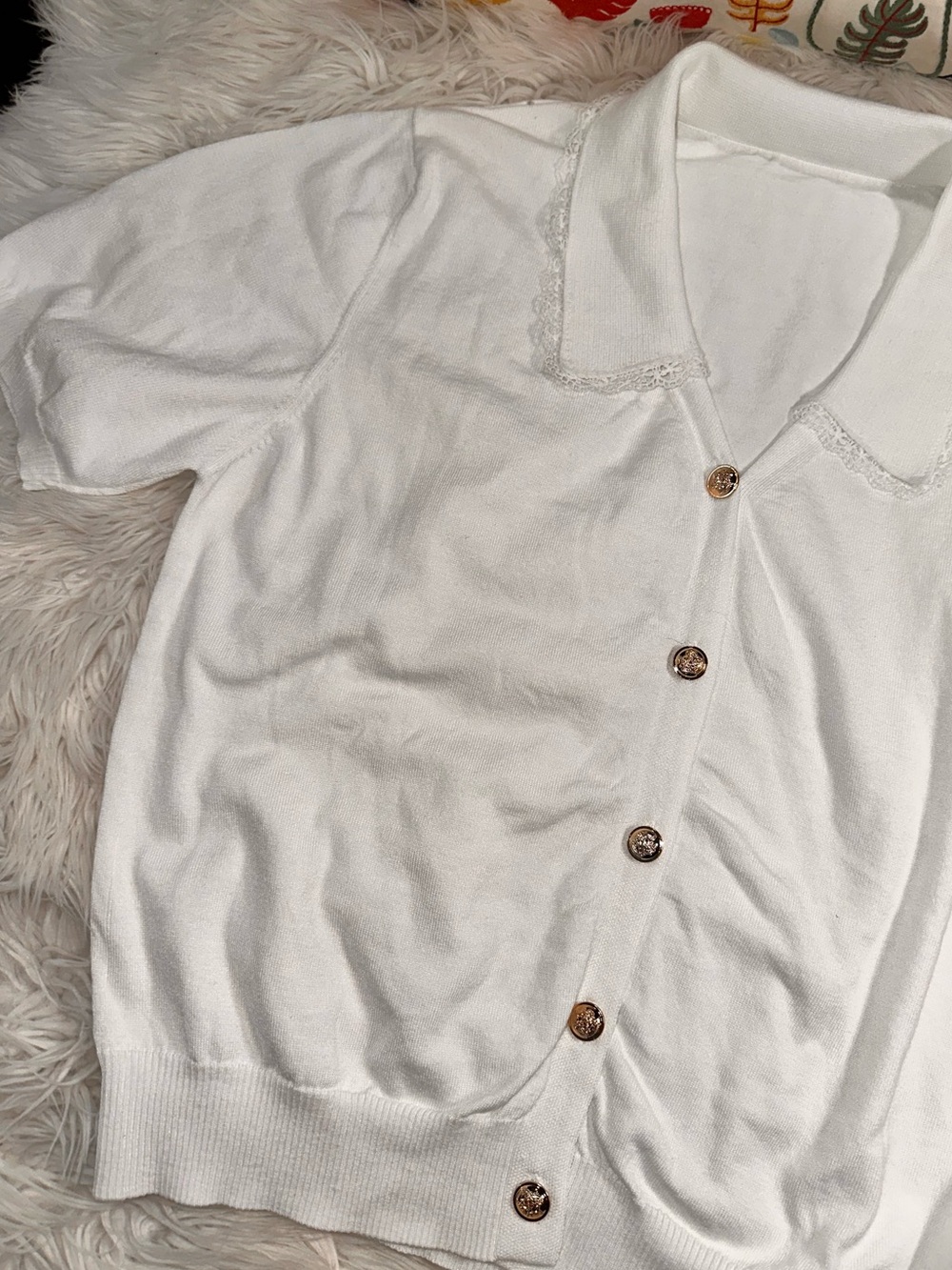 Short Sleeve Knit Blouse with Dainty Lace Trim Collar - Picture 10 of 10